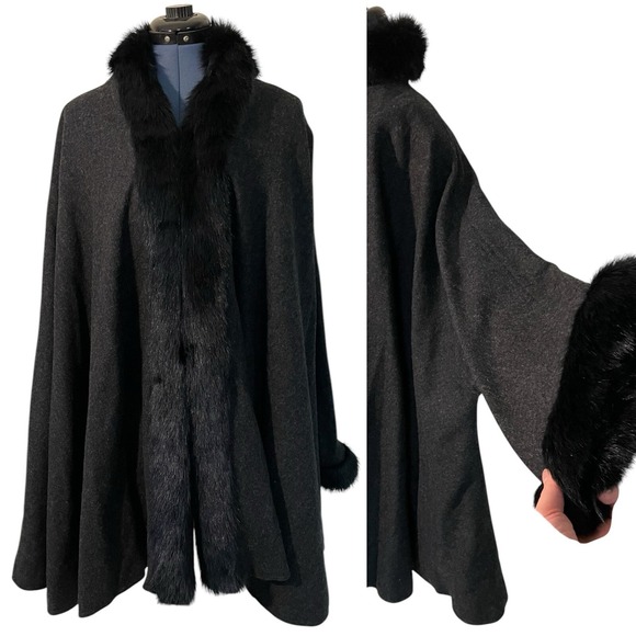 VTG Marvin Richards Wool Faux Fur Trim Swing Coat Old Money Penny Lane Gray 1X - Picture 1 of 16